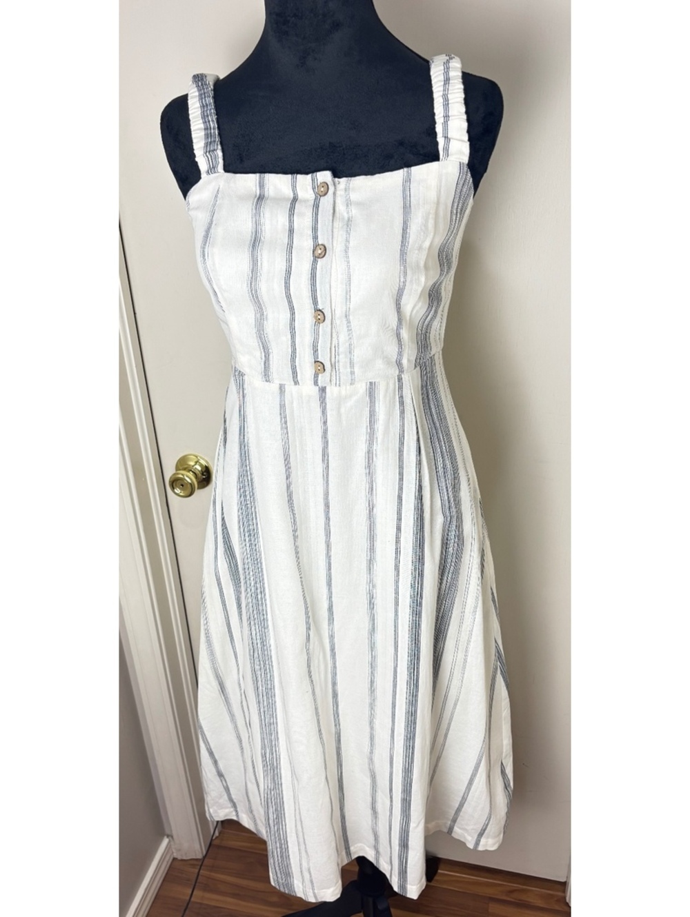 Lost + Wander Marbella Midi Dress S Black Ivory Stripe Button Coastal NWT